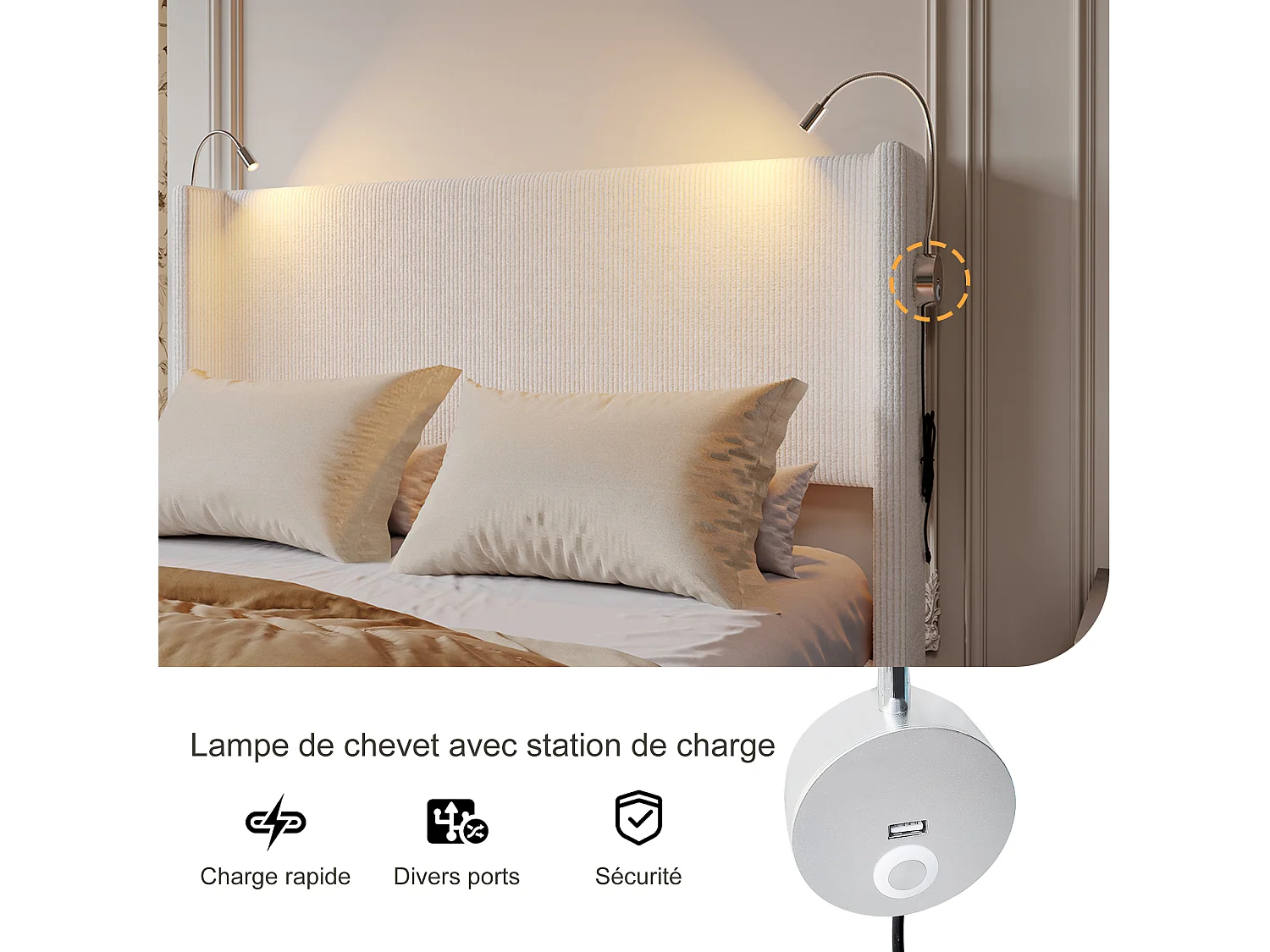 Cama com arrumação 140x200 cm, estrutura de cama com USB, estrutura de cama com base de ripas, veludo cotelê, branco