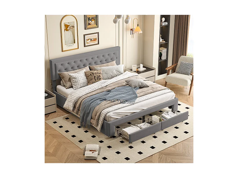 Cama de 160x200 cm con 2 cajones, cama doble con somier y cabecero, terciopelo gris
