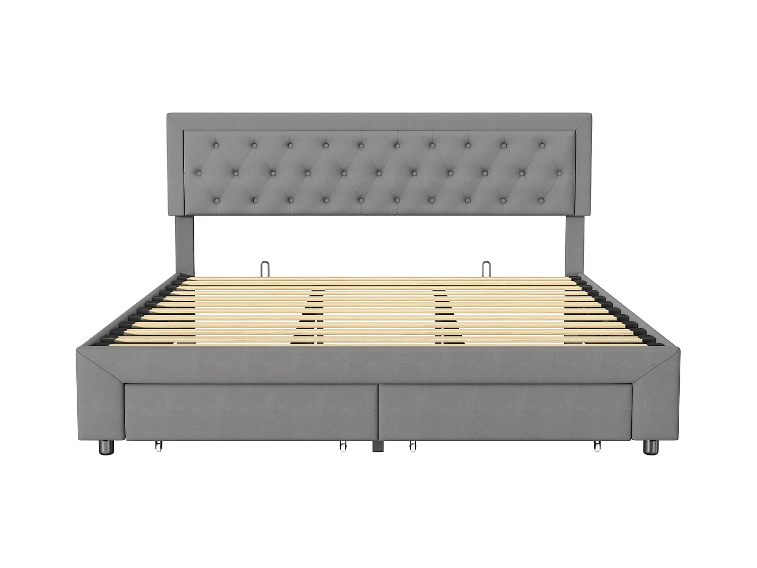 Lit Coffre 160x200 cm avec 2 Tiroirs, Lit Double avec Sommier à Lattes et Tête de Lit, Velours,Gris