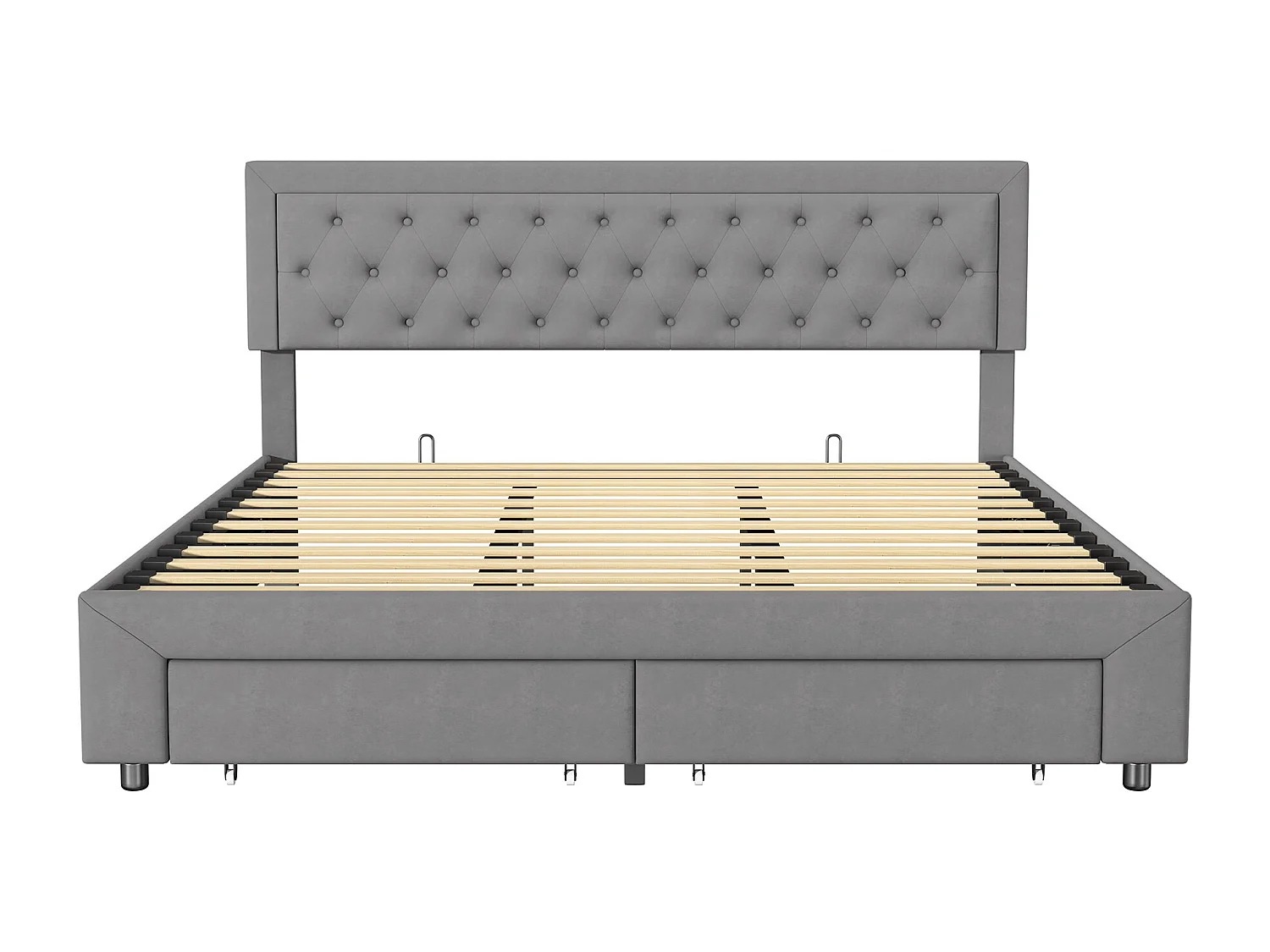 Letto contenitore 160x200 cm con 2 cassetti, letto matrimoniale con rete a doghe e testiera, velluto, grigio