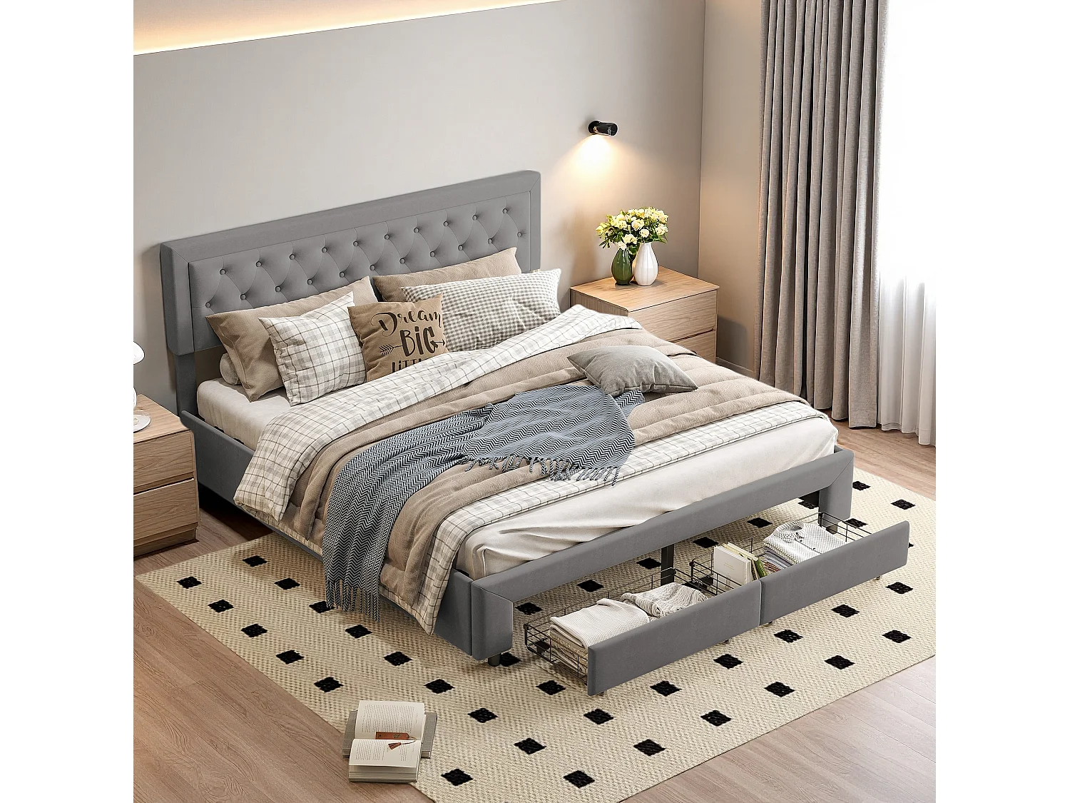 Opbergbed van 160x200 cm met 2 lades, tweepersoonsbed met lattenbodem en hoofdbord, fluweel, grijs