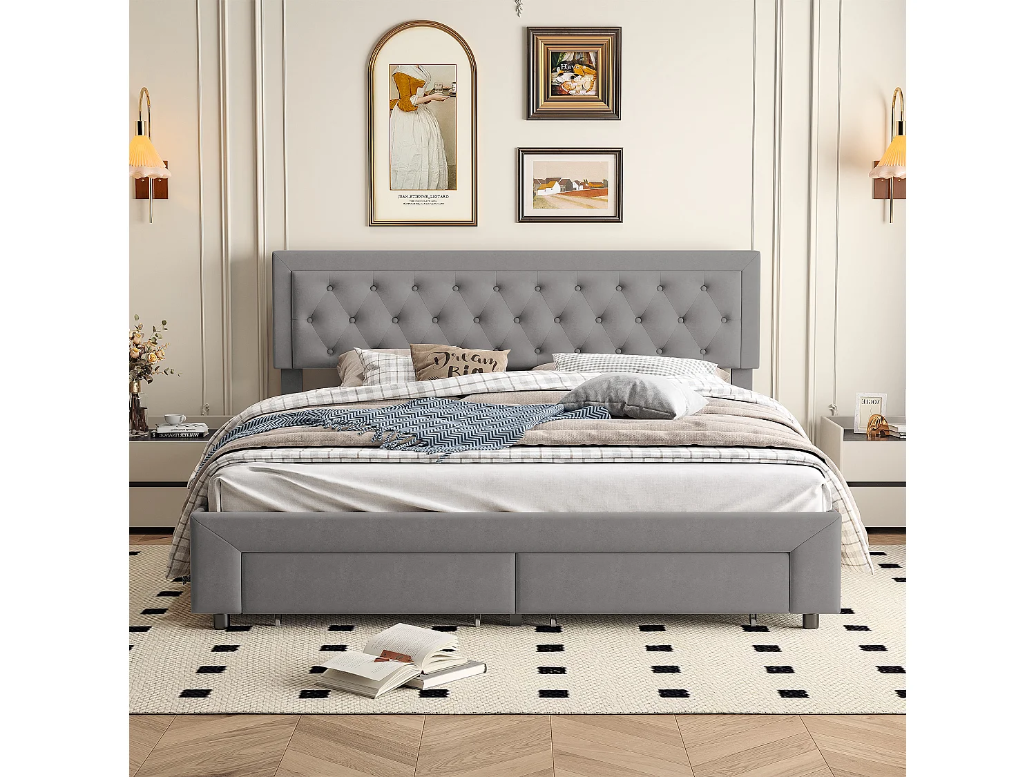 Opbergbed van 160x200 cm met 2 lades, tweepersoonsbed met lattenbodem en hoofdbord, fluweel, grijs