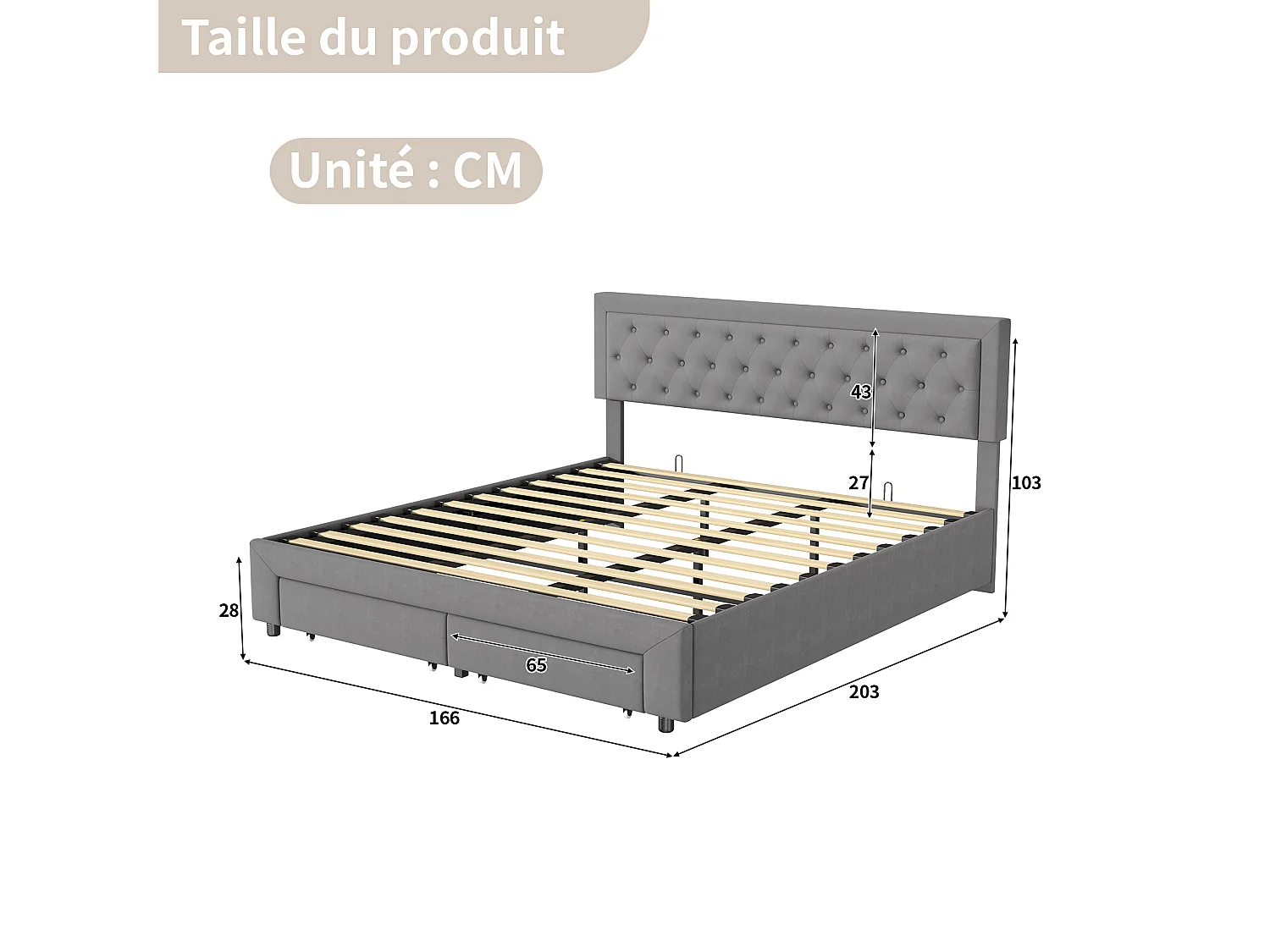 Opbergbed van 160x200 cm met 2 lades, tweepersoonsbed met lattenbodem en hoofdbord, fluweel, grijs