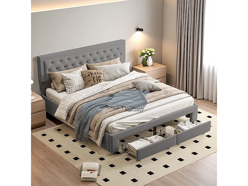 Lit Coffre 160x200 cm avec 2 Tiroirs de Rangement, Lit Double Rembourré en Velours avec Tête de Lit, Cadre de Lit Hydraulique, sans Matelas, Gris