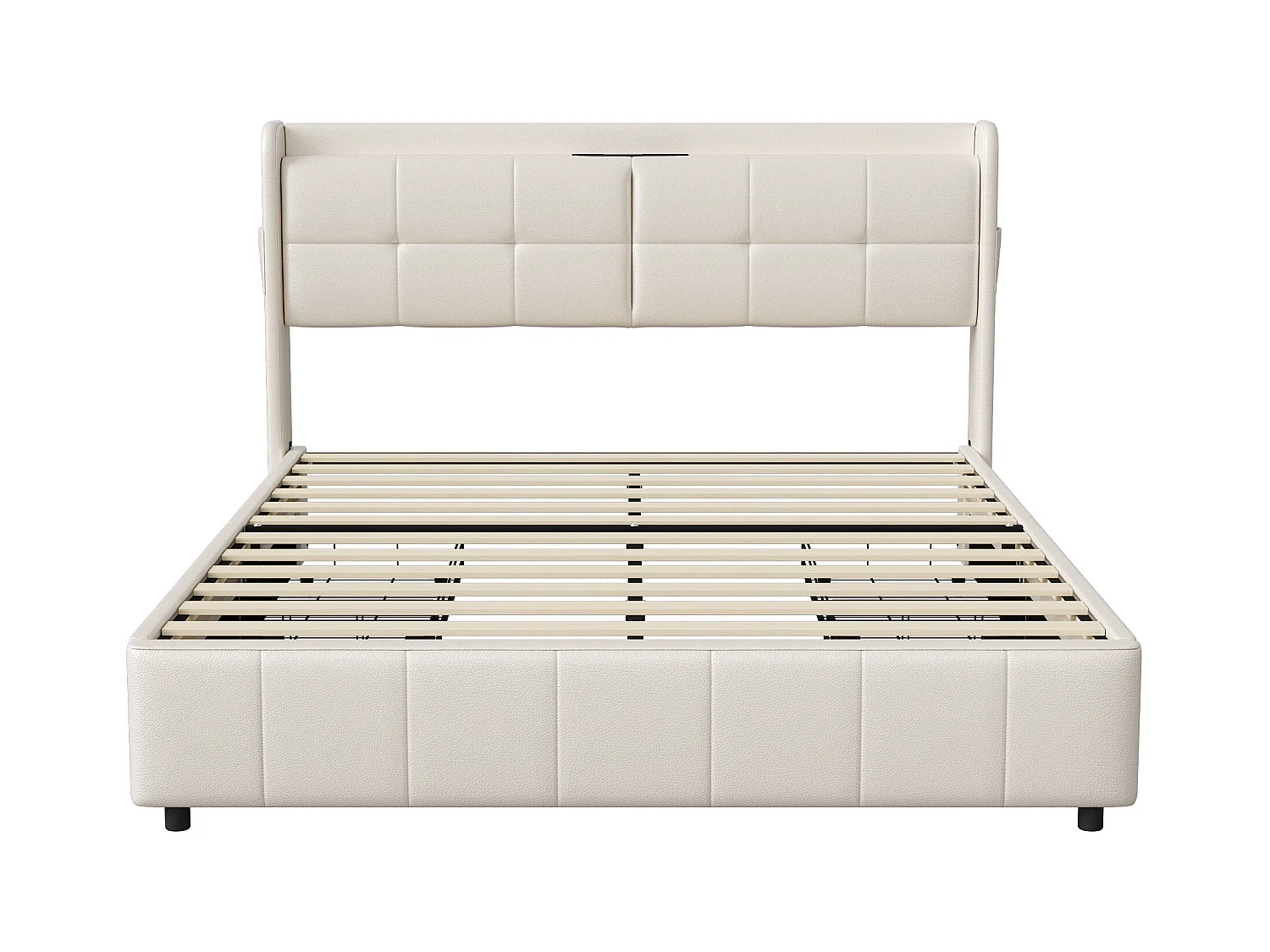 Bett 160x200 cm mit Lattenrost, Doppelbett mit USB-Ladefunktion, Bett mit Schublade, PU, Weiß