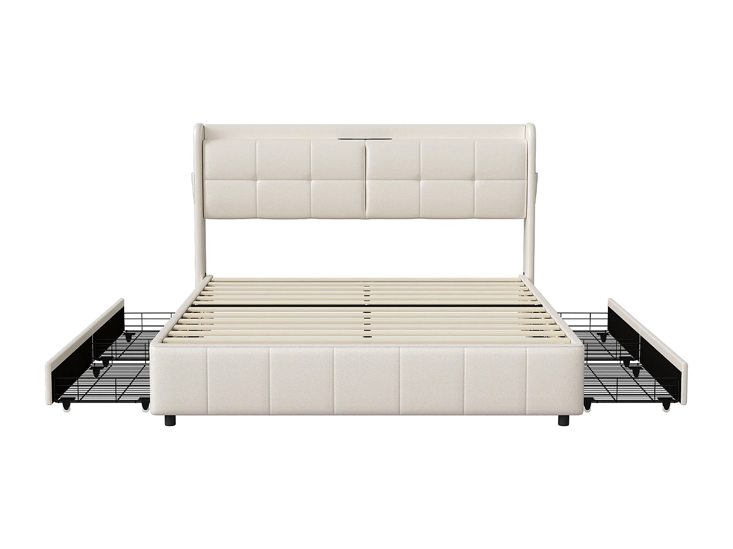 Bed 160x200 cm met lattenbodem, Tweepersoonsbed met USB-oplaadfunctie, Bed met lade, PU, Wit