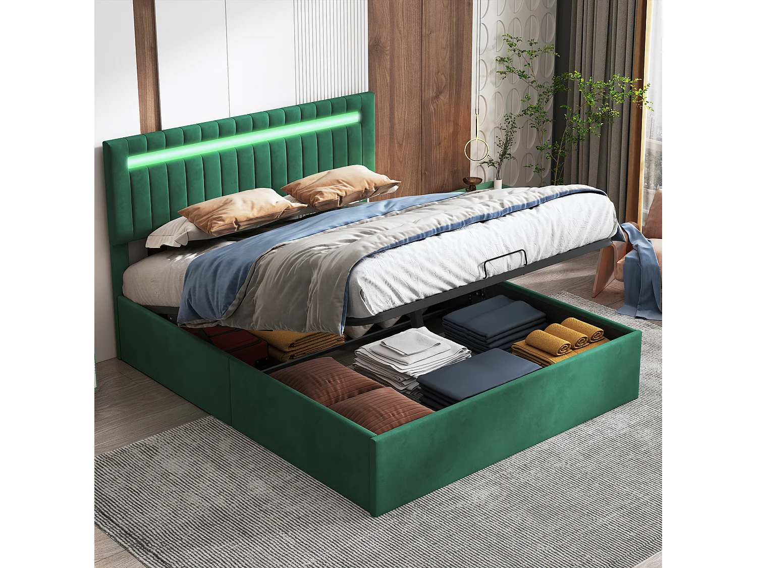 Lit double rembourré, 160 x 200 cm, avec LED et sommier à lattes, espace de rangement, velours, vert