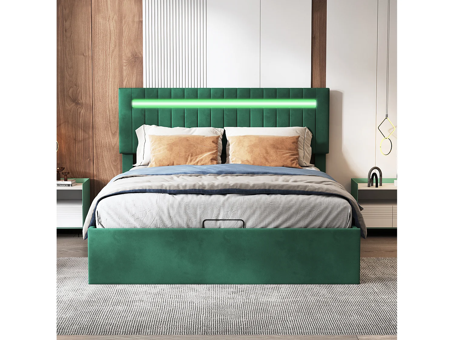 Lit double rembourré, 160 x 200 cm, avec LED et sommier à lattes, espace de rangement, velours, vert