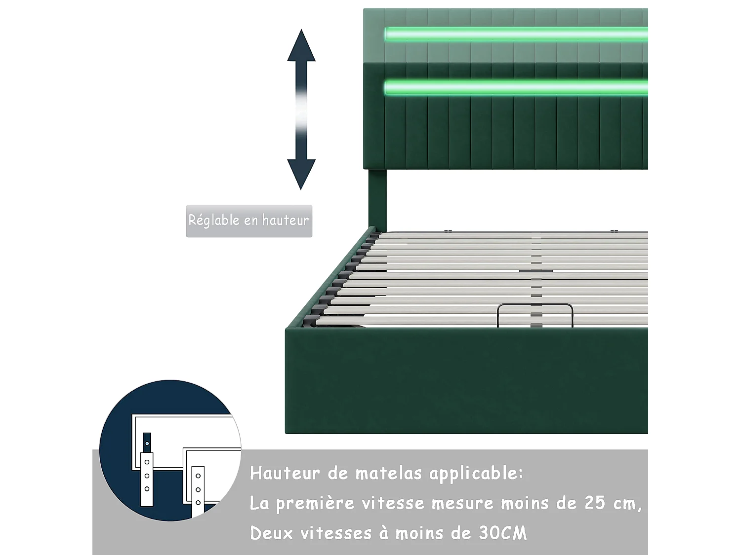 Lit double rembourré, 160 x 200 cm, avec LED et sommier à lattes, espace de rangement, velours, vert