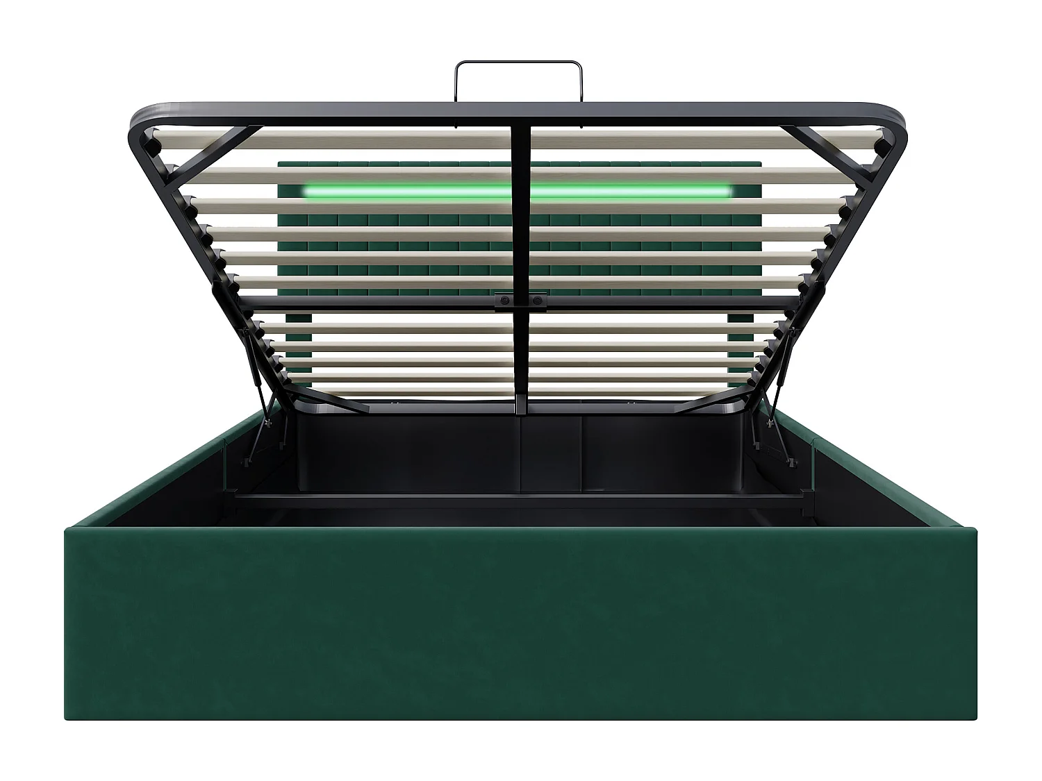 Lit double rembourré, 160 x 200 cm, avec LED et sommier à lattes, espace de rangement, velours, vert