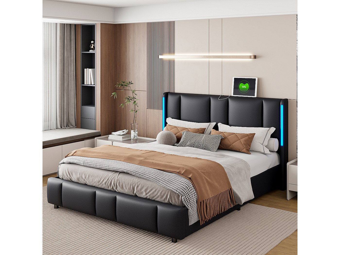 Lit Coffre Hydraulique Double 140x200 Avec Tête De Lit LED - Rangement Intégré, Ports USB/Type-C, Sans Matelas - Gris/Beige