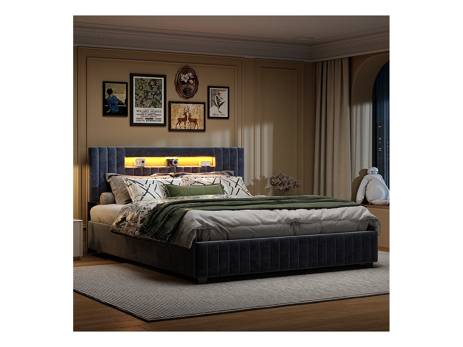 Cama doble de 140 x 200 cm con cajón hidráulico, tapizada en terciopelo gris e iluminación LED.