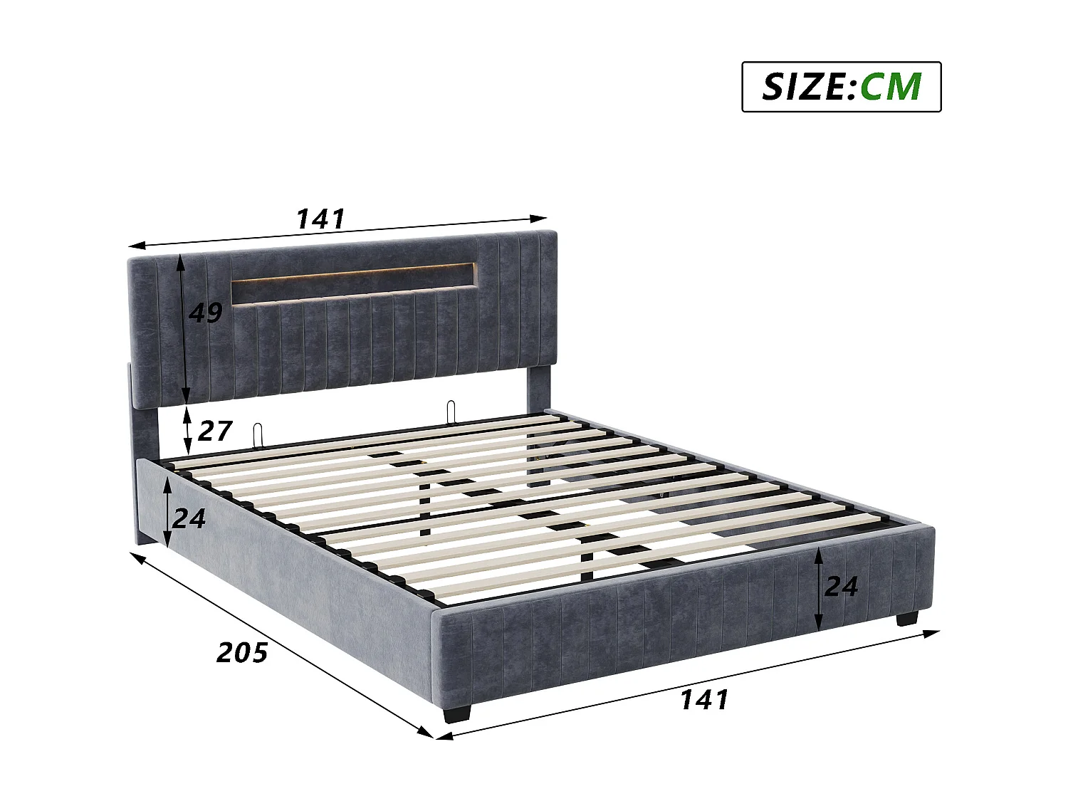 Tweepersoonsbed 140x200 cm met hydraulische opbergbox – grijs gestoffeerd fluweel, ledverlichting