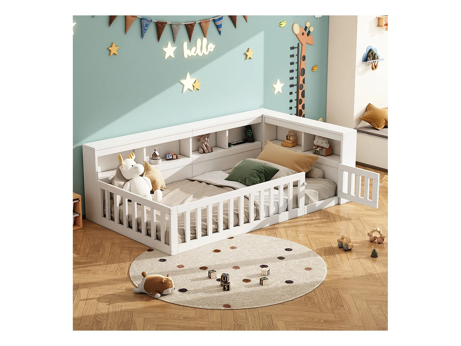 Lit simple pour enfant - 90 x 200 cm - chevet avec rangements + prise + USB - avec sommier à lattes - aggloméré - blanc