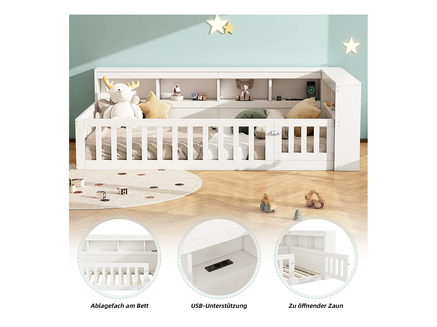 Lit simple pour enfant - 90 x 200 cm - chevet avec rangements + prise + USB - avec sommier à lattes - aggloméré - blanc