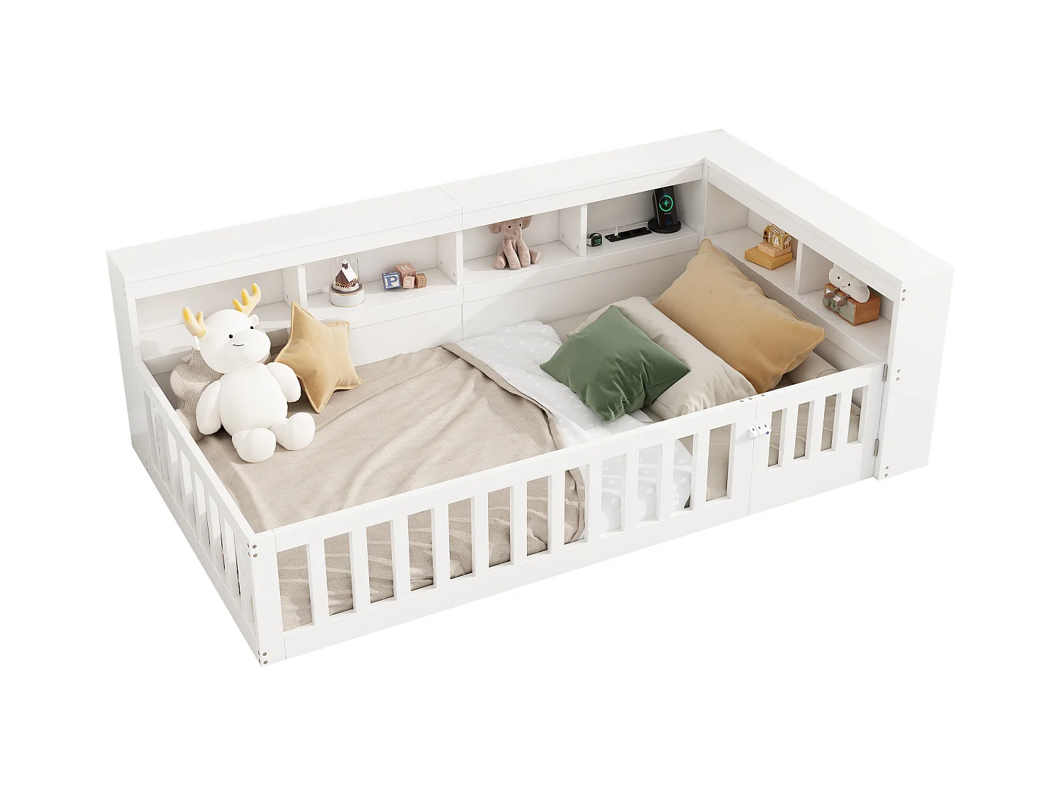 Lit simple pour enfant - 90 x 200 cm - chevet avec rangements + prise + USB - avec sommier à lattes - aggloméré - blanc