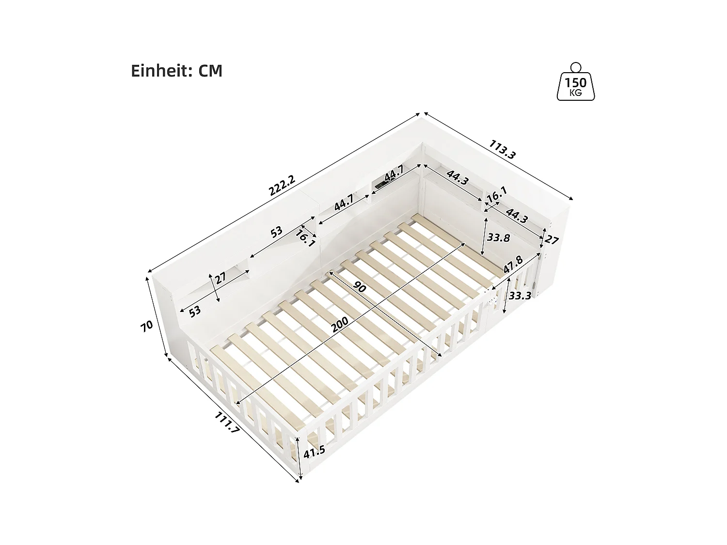 Lit simple pour enfant - 90 x 200 cm - chevet avec rangements + prise + USB - avec sommier à lattes - aggloméré - blanc