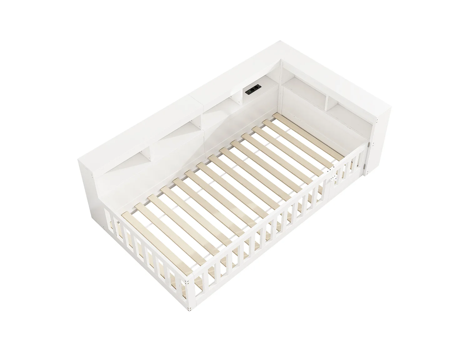 Lit simple pour enfant - 90 x 200 cm - chevet avec rangements + prise + USB - avec sommier à lattes - aggloméré - blanc