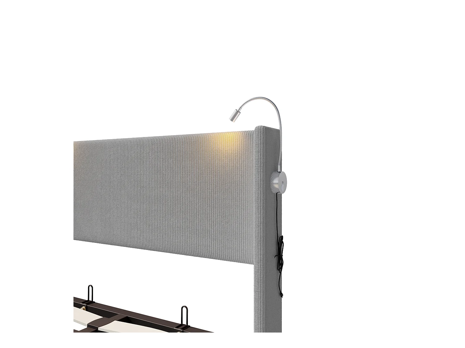 Letto contenitore 140x200 cm, struttura letto con USB, struttura letto con rete a doghe, velluto a coste, grigio