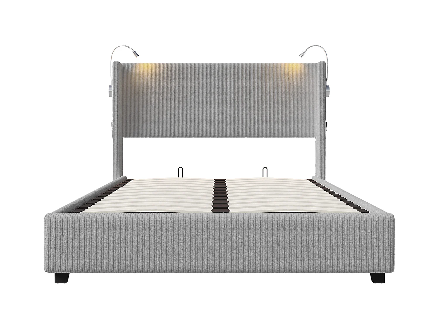 Letto contenitore 140x200 cm, struttura letto con USB, struttura letto con rete a doghe, velluto a coste, grigio