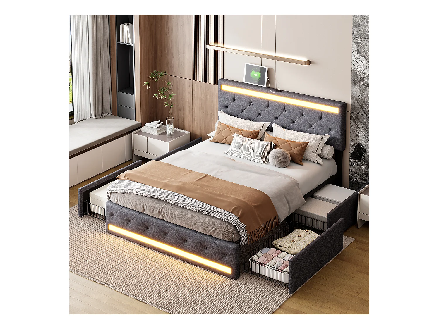 Cama 160x200 cm com base LED e USB, Cama de casal estofada com estrado de ripas e 4 gavetas, Cinza