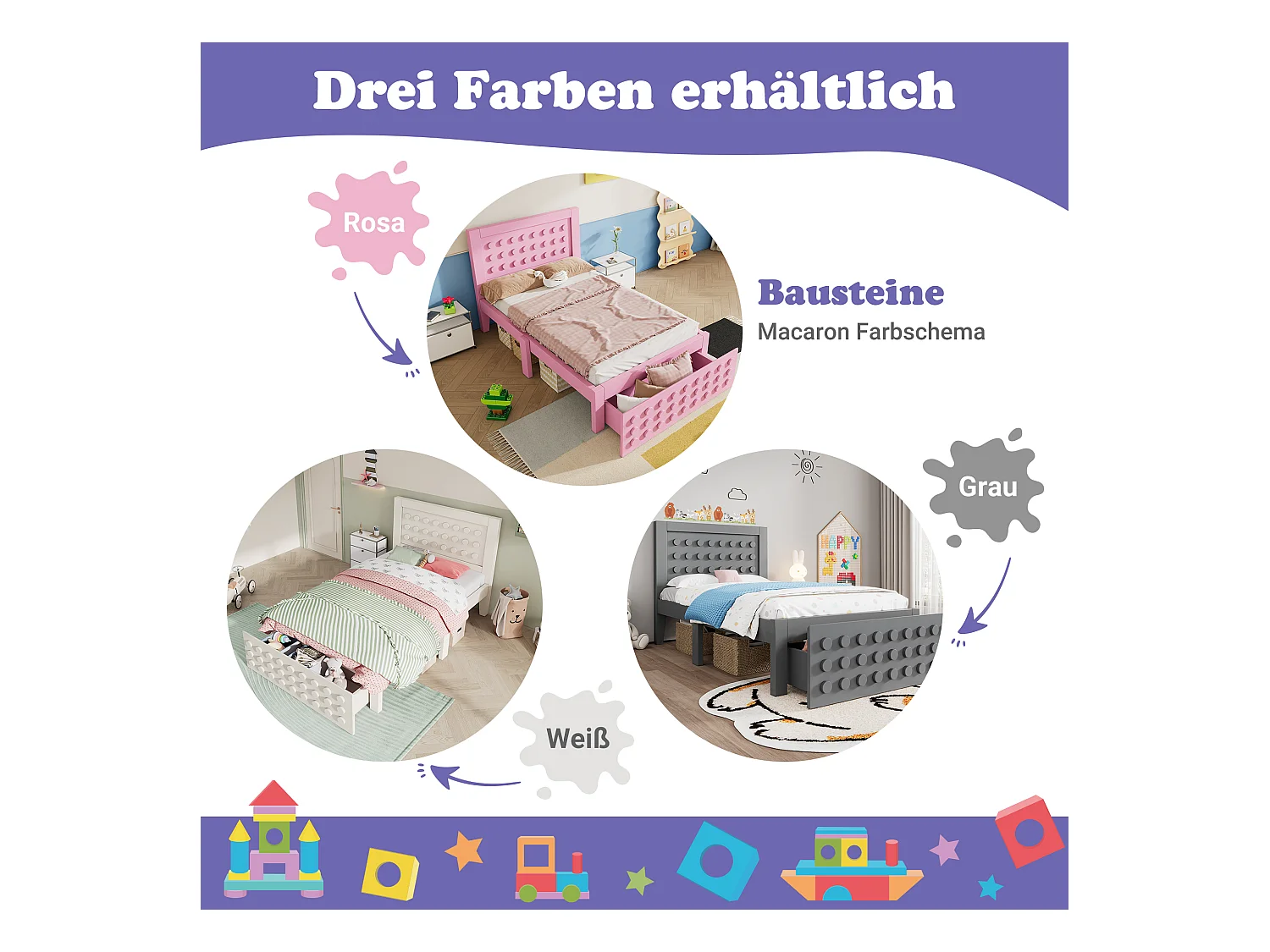 Lit simple en bois - 90 x 200 cm - au design créatif en blocs - avec sommier à lattes + 1 tiroir - bois massif + MDF - gris