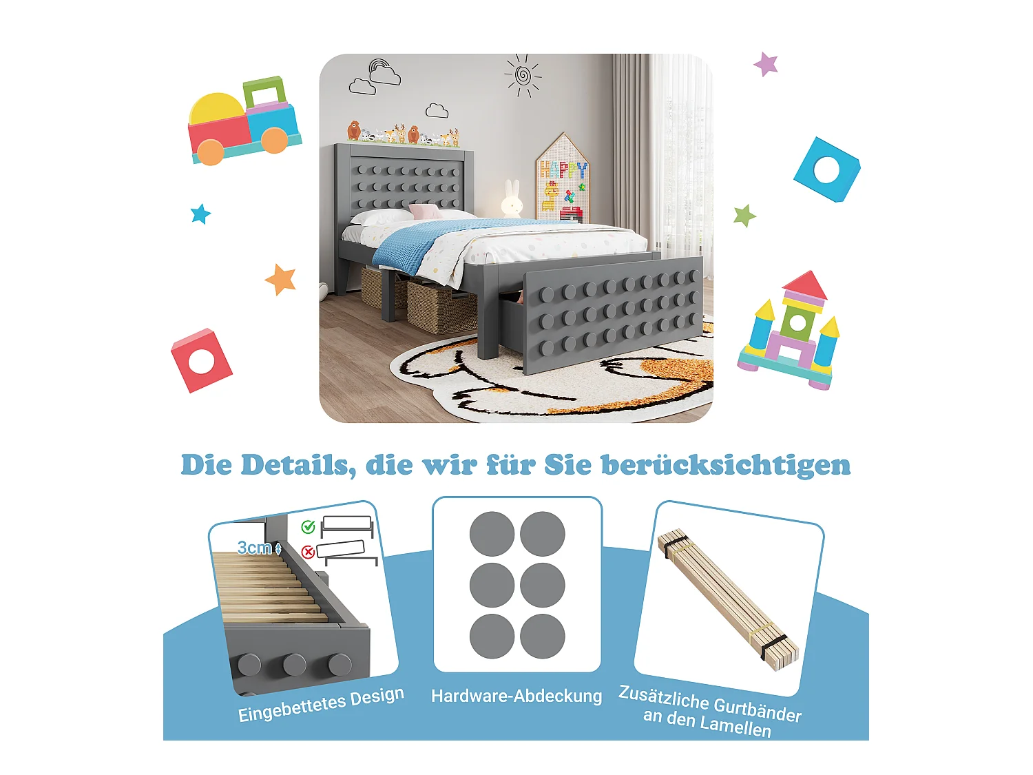 Lit simple en bois - 90 x 200 cm - au design créatif en blocs - avec sommier à lattes + 1 tiroir - bois massif + MDF - gris