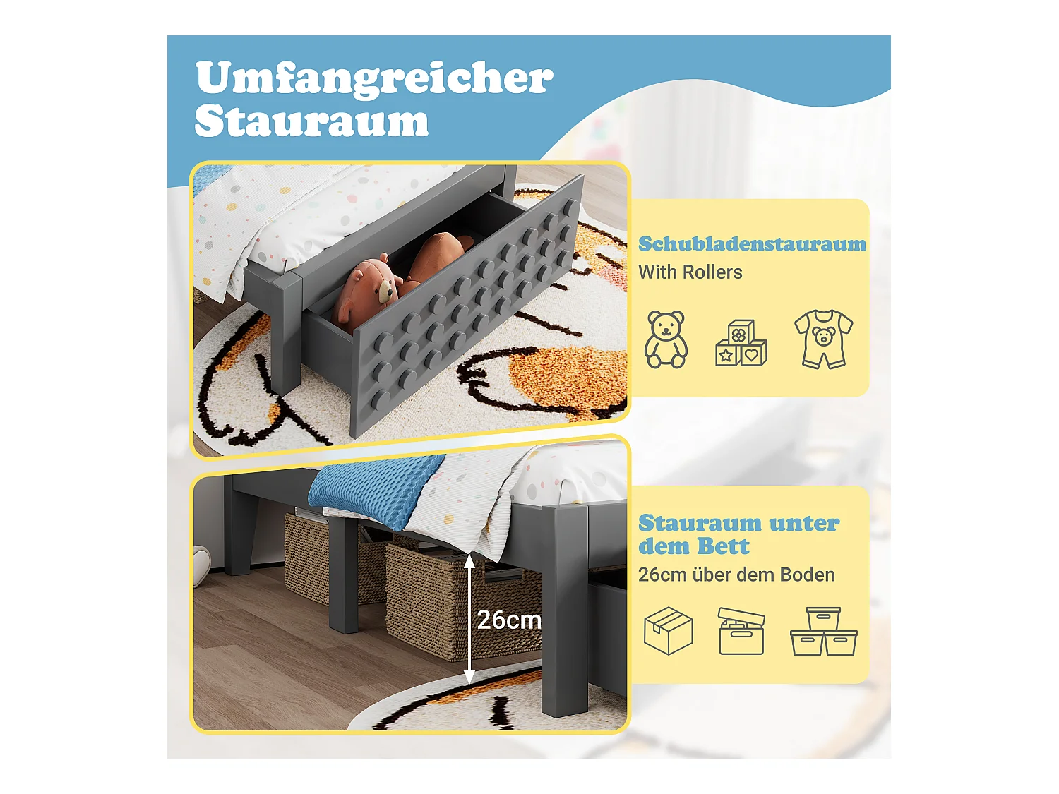 Lit simple en bois - 90 x 200 cm - au design créatif en blocs - avec sommier à lattes + 1 tiroir - bois massif + MDF - gris