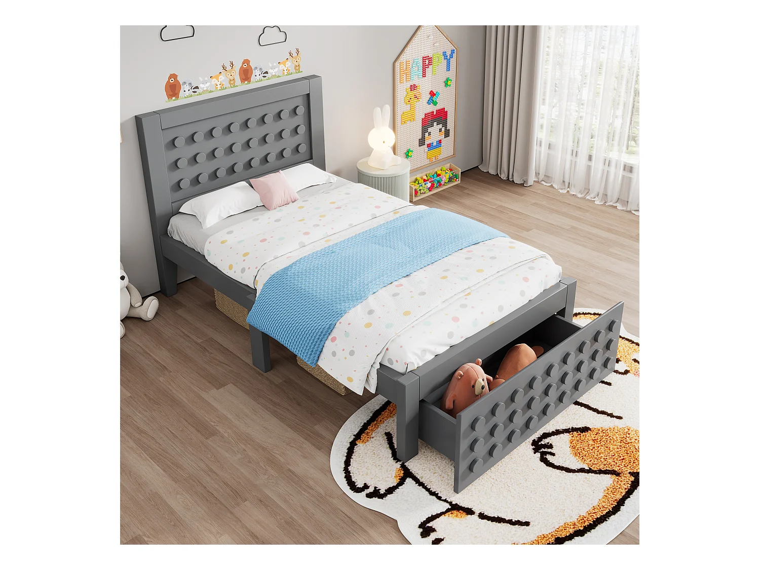 Lit simple en bois - 90 x 200 cm - au design créatif en blocs - avec sommier à lattes + 1 tiroir - bois massif + MDF - gris