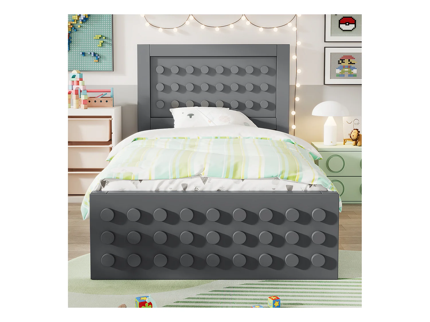 Lit simple en bois - 90 x 200 cm - au design créatif en blocs - avec sommier à lattes + 1 tiroir - bois massif + MDF - gris