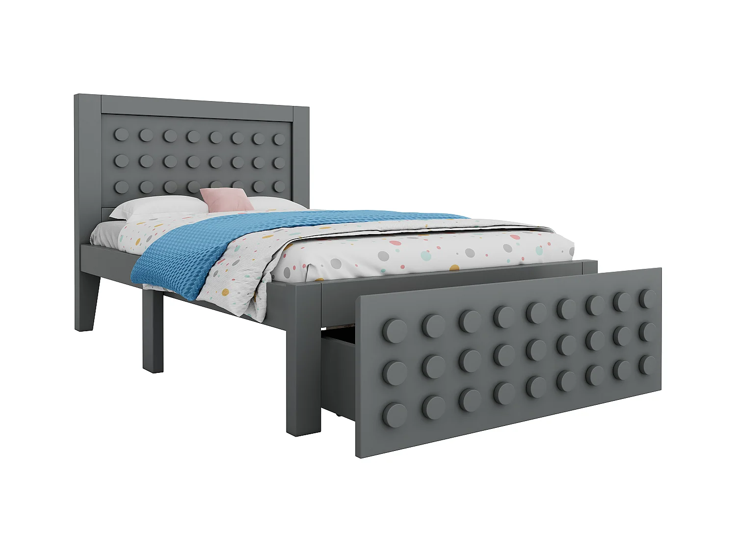 Lit simple en bois - 90 x 200 cm - au design créatif en blocs - avec sommier à lattes + 1 tiroir - bois massif + MDF - gris