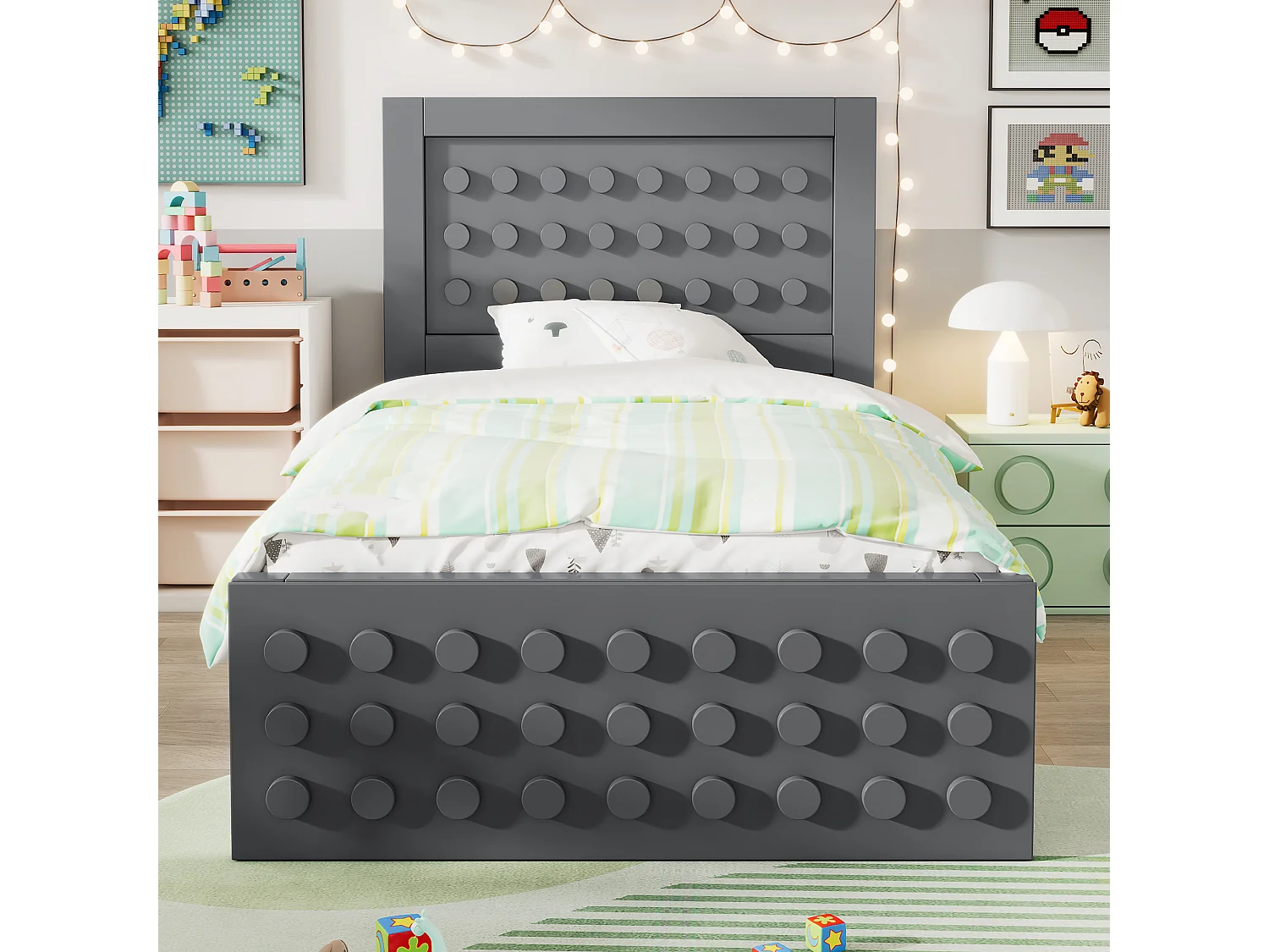 Lit simple en bois - 90 x 200 cm - au design créatif en blocs - avec sommier à lattes + 1 tiroir - bois massif + MDF - gris