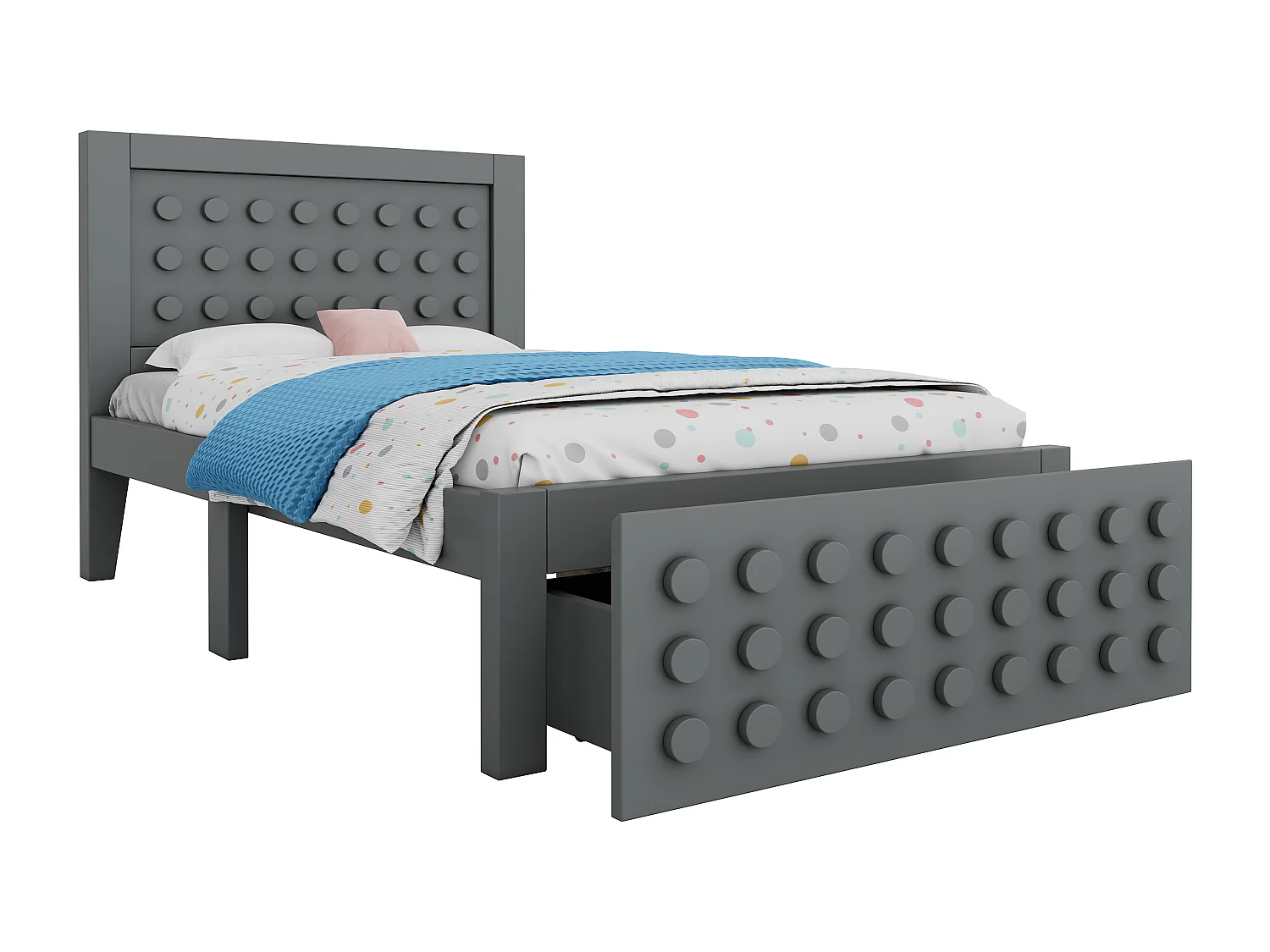 Lit simple en bois - 90 x 200 cm - au design créatif en blocs - avec sommier à lattes + 1 tiroir - bois massif + MDF - gris