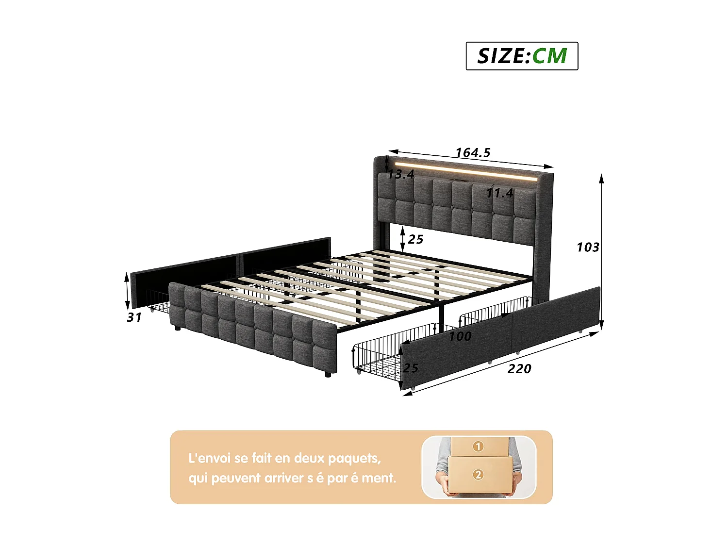 Volwassenenbed 160x200 cm, gestoffeerd tweepersoonsbed met 4 lades en ledverlichting, USB-poort en hoofdbord, linnen, grijs