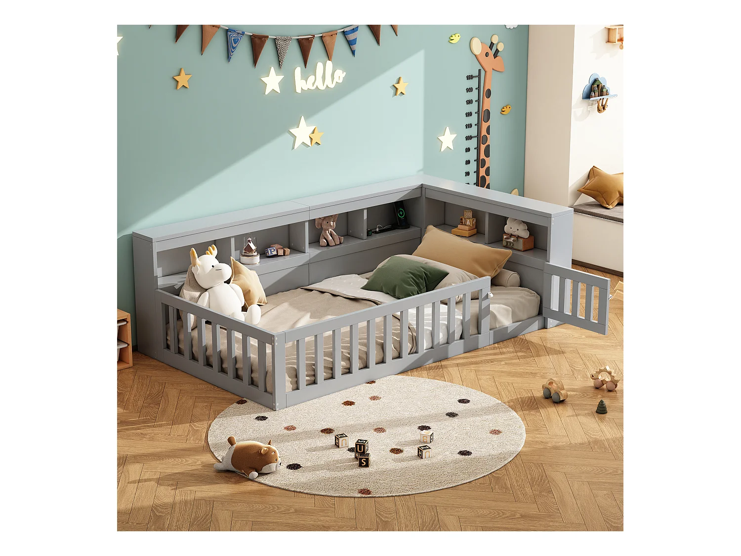 Lit simple pour enfant - 90 x 200 cm - chevet avec rangements + prise + USB - avec sommier à lattes - aggloméré - gris