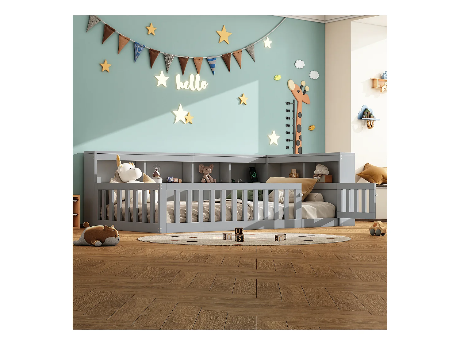 Lit simple pour enfant - 90 x 200 cm - chevet avec rangements + prise + USB - avec sommier à lattes - aggloméré - gris