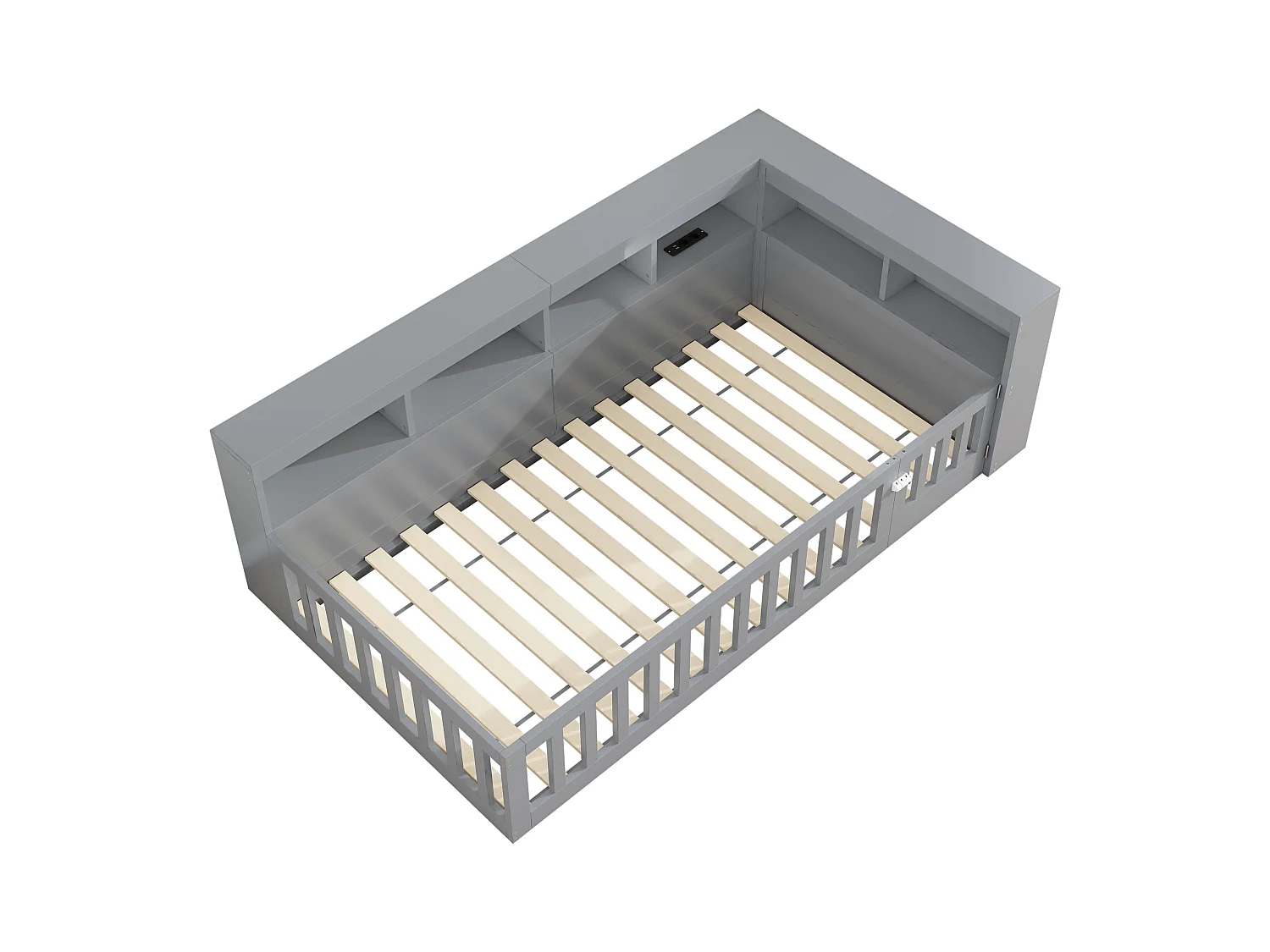 Lit simple pour enfant - 90 x 200 cm - chevet avec rangements + prise + USB - avec sommier à lattes - aggloméré - gris