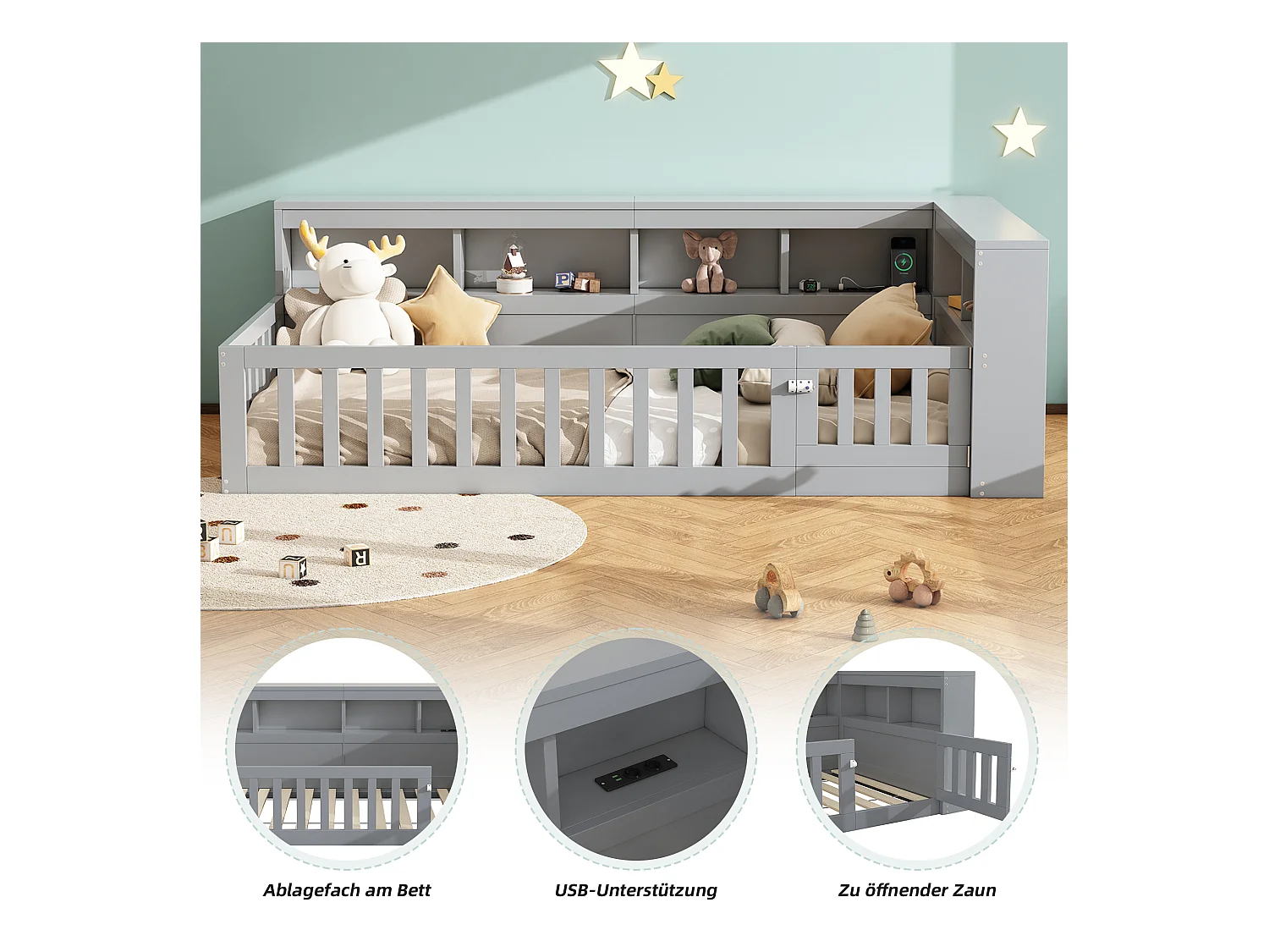 Lit simple pour enfant - 90 x 200 cm - chevet avec rangements + prise + USB - avec sommier à lattes - aggloméré - gris