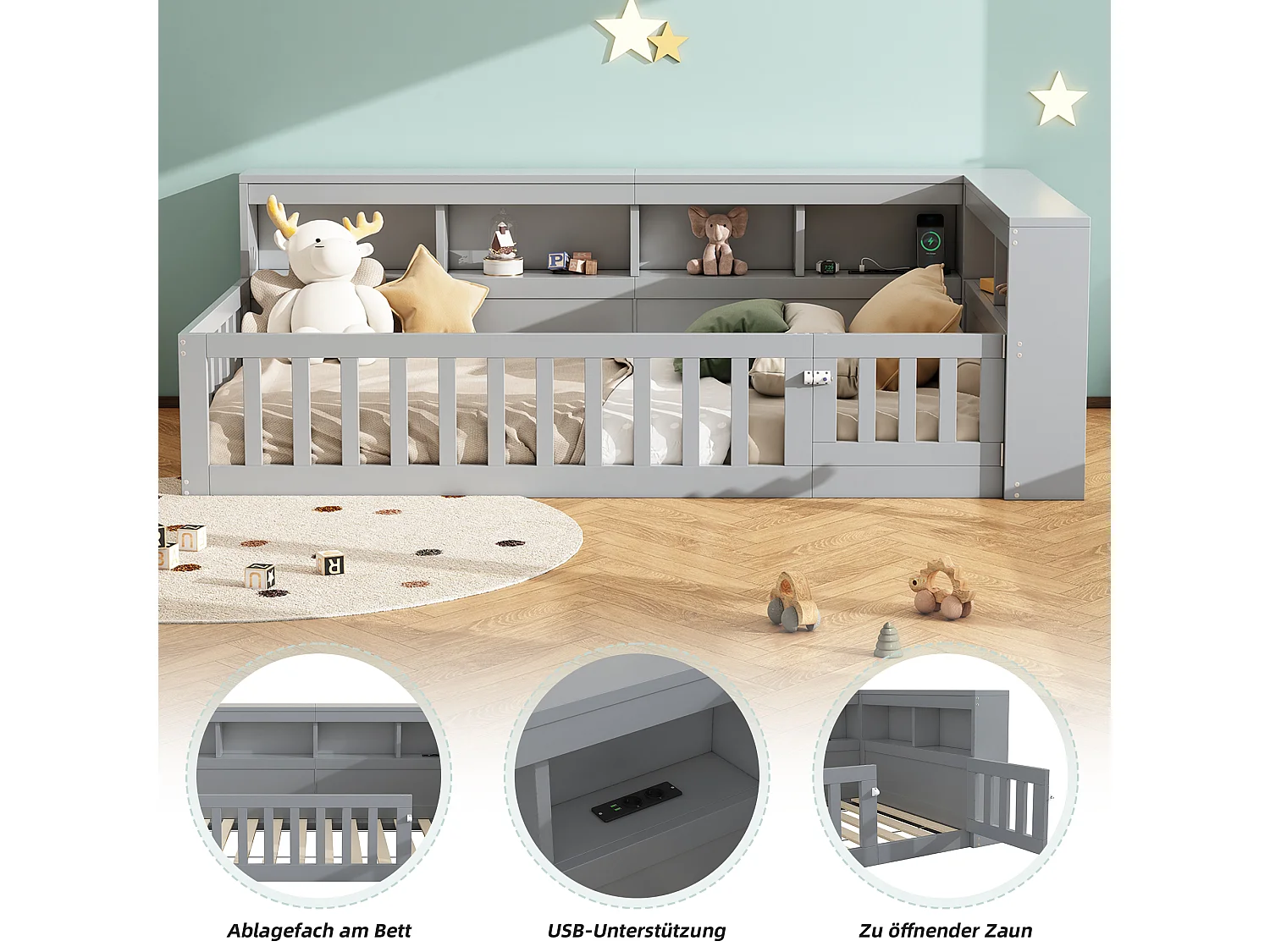 Lit simple pour enfant - 90 x 200 cm - chevet avec rangements + prise + USB - avec sommier à lattes - aggloméré - gris