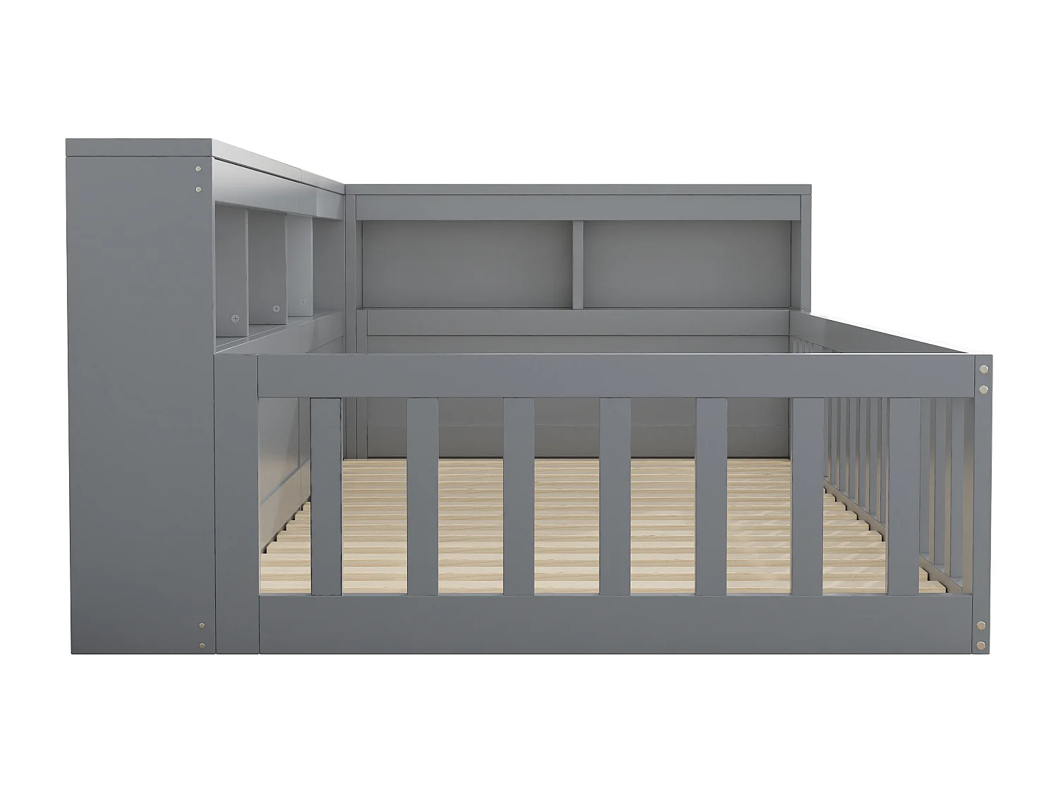 Lit simple pour enfant - 90 x 200 cm - chevet avec rangements + prise + USB - avec sommier à lattes - aggloméré - gris