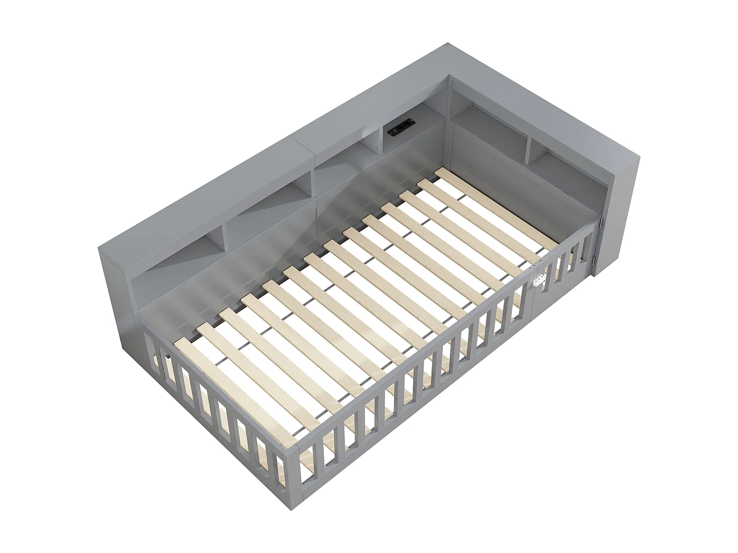 Lit simple pour enfant - 90 x 200 cm - chevet avec rangements + prise + USB - avec sommier à lattes - aggloméré - gris