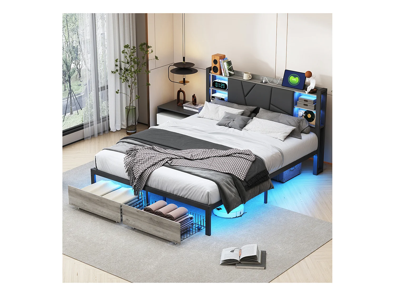 Cama de metal 160x200 cm con LED y USB, Cama doble con somier y almacenaje, PU, Negro
