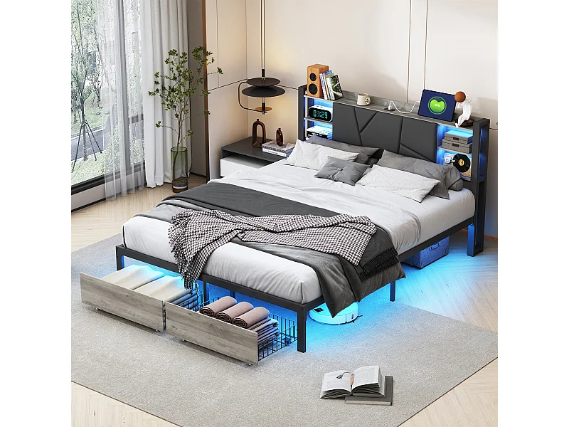 Letto in metallo 160 x 200 cm con LED e USB, Letto matrimoniale con rete a doghe e contenitore, PU, Nero