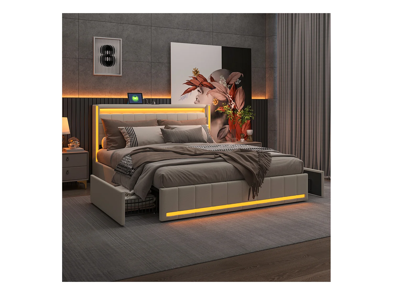 Lit double avec tiroirs 160 x 200 cm, lit double avec conteneur avec LED et USB, lin, beige