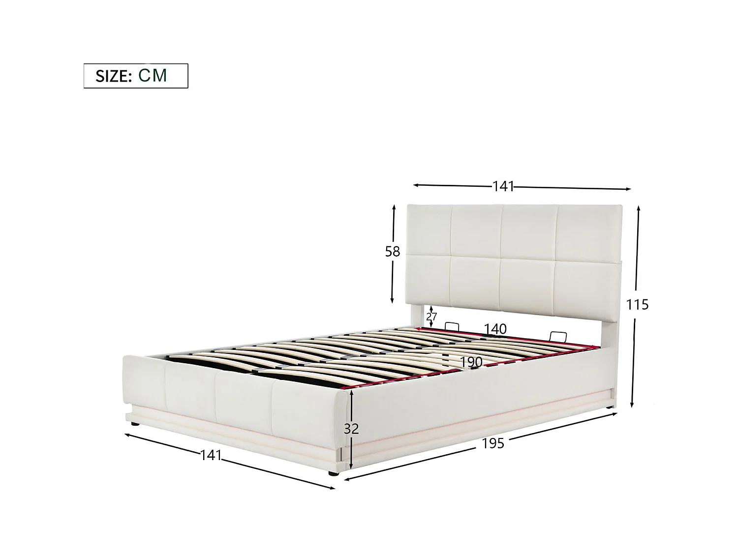 Lit Double Rembourré 140x190 cm avec éclairage LED, LIT avec Sommier et rangement, PU,Blanc