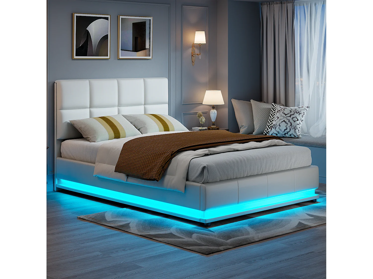 Lit Double Rembourré 140x190 cm avec éclairage LED, LIT avec Sommier et rangement, PU,Blanc