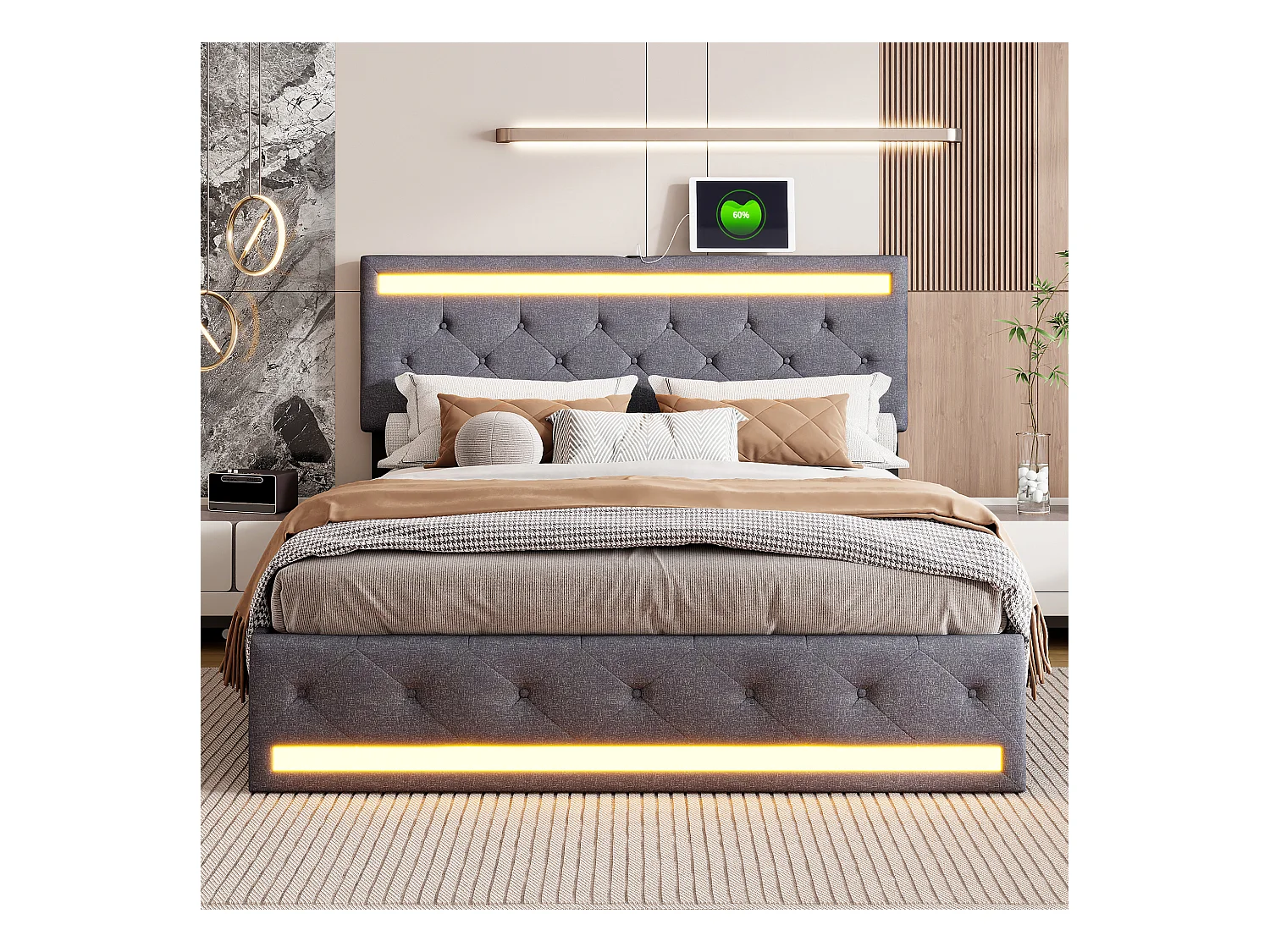 Cama 180x200 cm com base LED e USB, Cama de casal estofada com estrado de ripas e 4 gavetas, Cinza