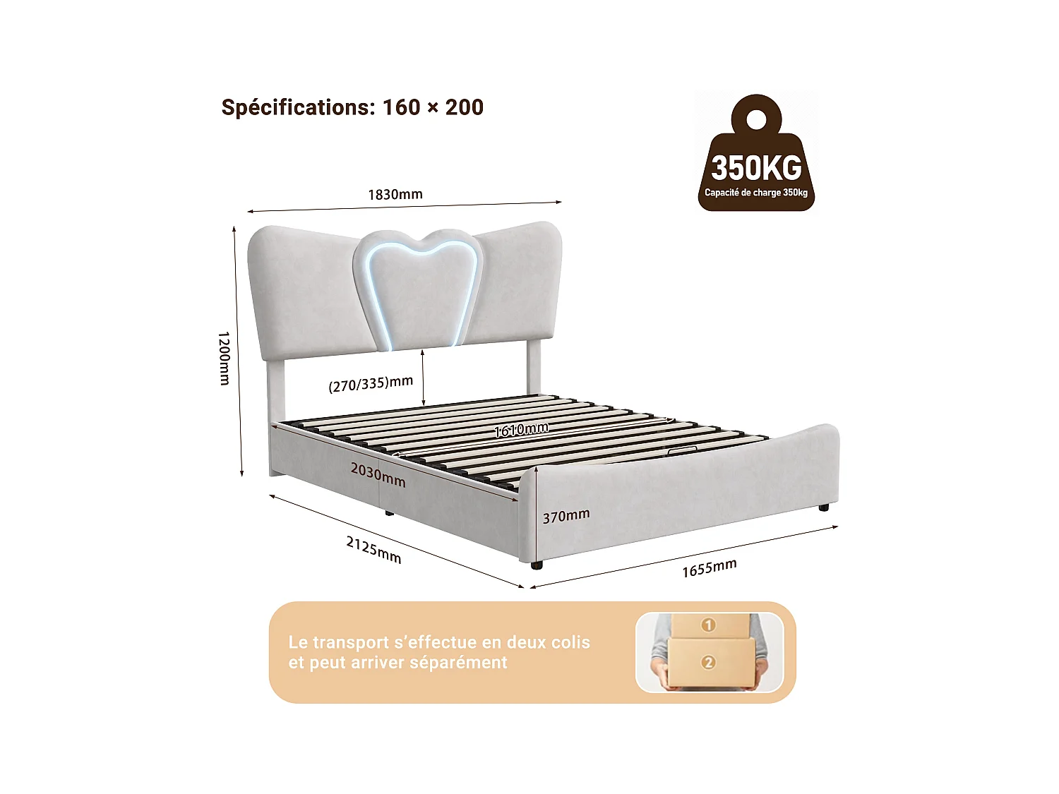 lit Coffre 160x200cm, Lit rembourré avec LED et Port USB, Sommier à Lattes et Rangement, Beige