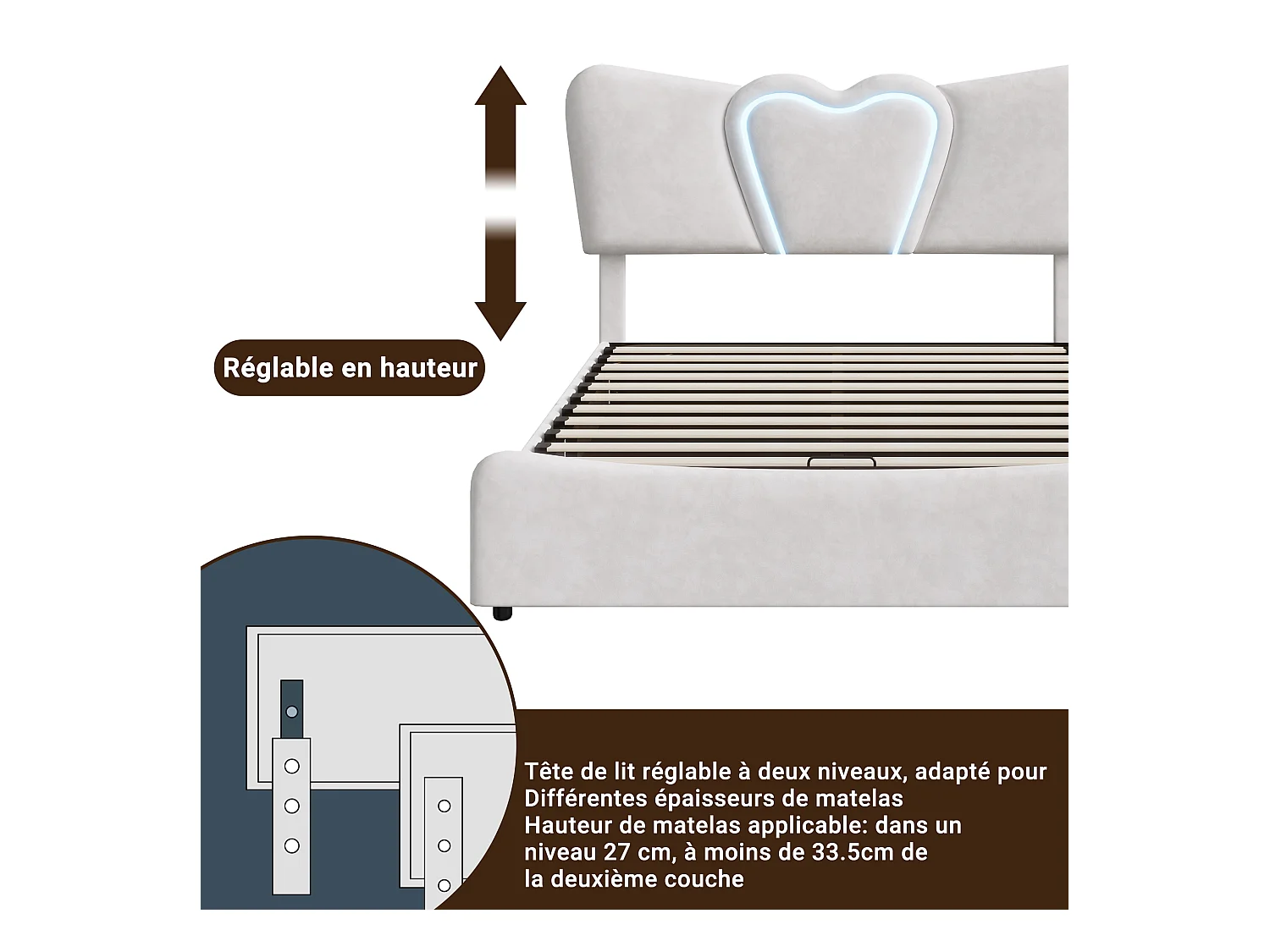 lit Coffre 160x200cm, Lit rembourré avec LED et Port USB, Sommier à Lattes et Rangement, Beige
