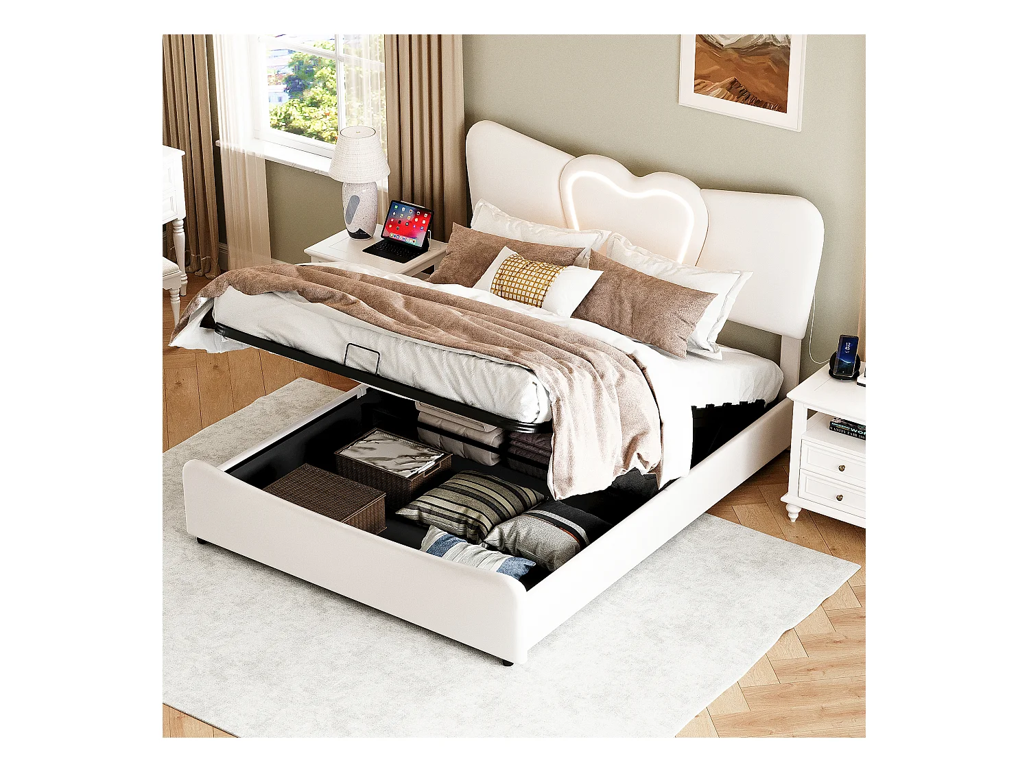lit Coffre 160x200cm, Lit rembourré avec LED et Port USB, Sommier à Lattes et Rangement, Beige